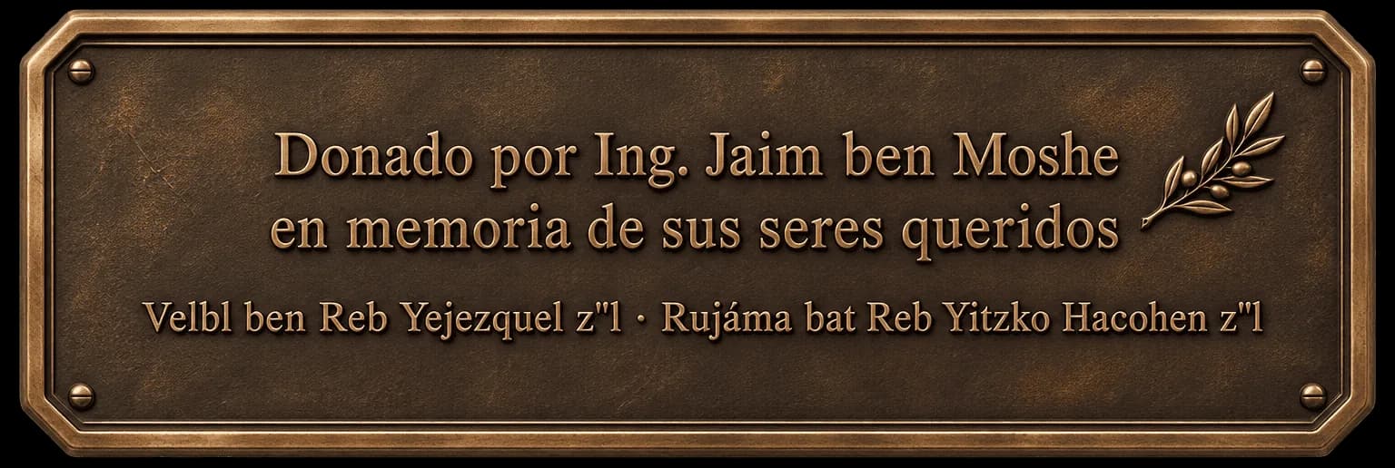 Placa de dedicatoria: donado por Ing. Jaim ben Moshe en memoria de sus seres queridos